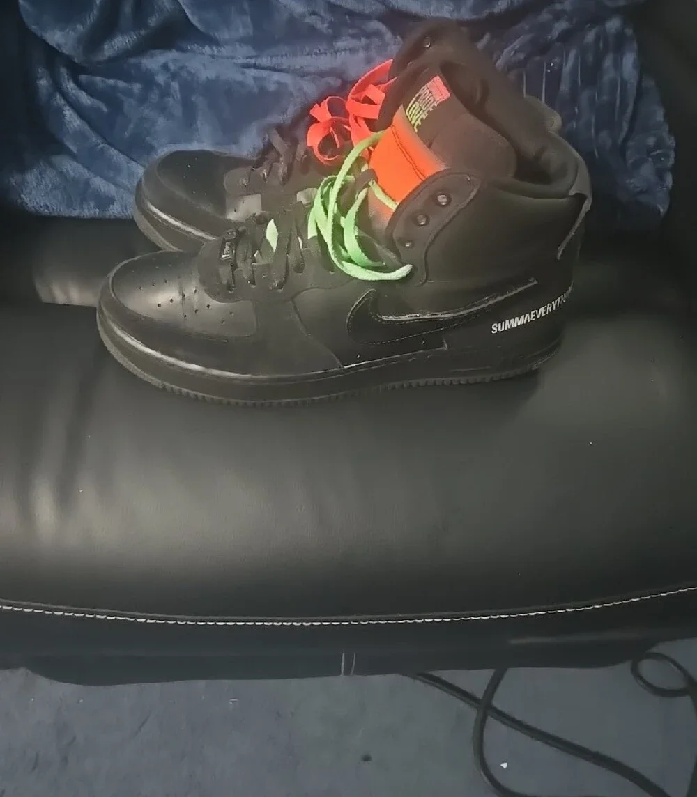 Mens Black High-Top Sneakers with Neon Orange & Neon Green Accents